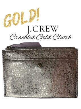 J.CREW Metallic Crackled Gold Foil Pouch Clutch Leather Zip Top Snap Pocket Diva